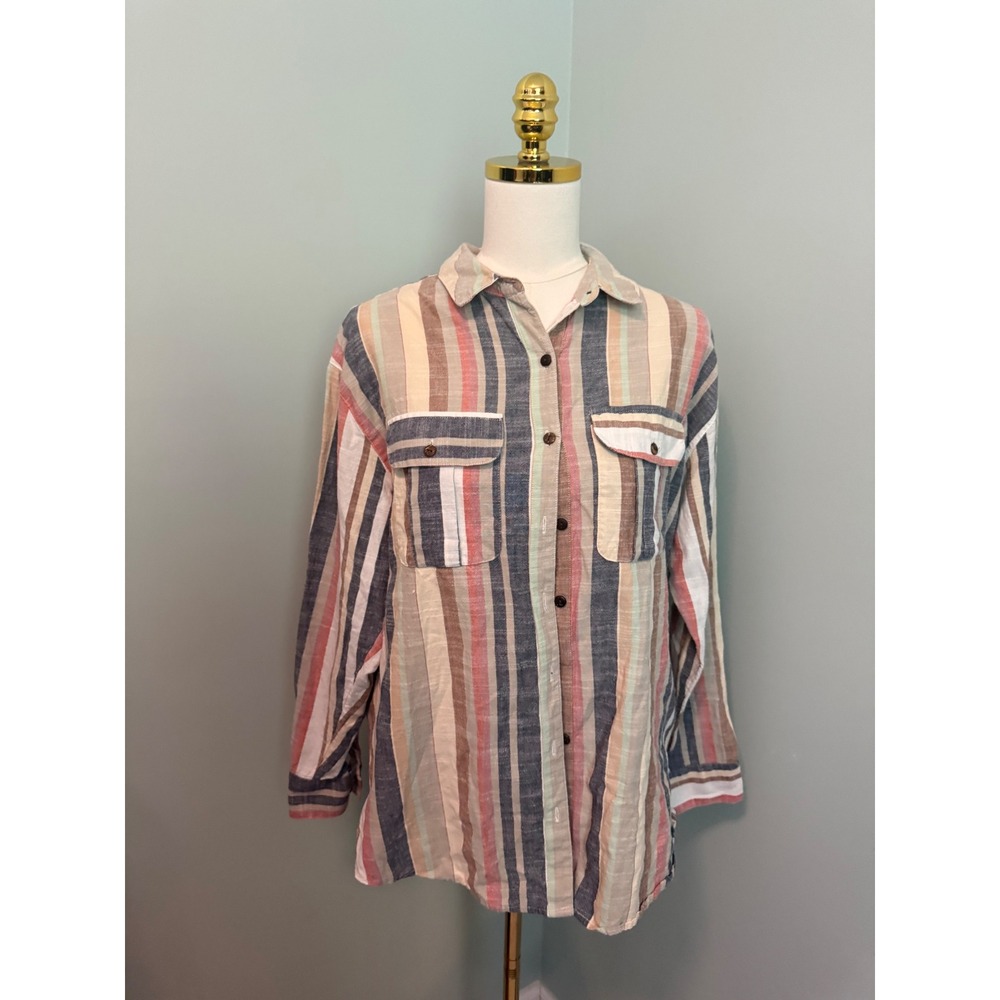 Urban Outfitters Multi Color Vertical Stripe Button Down Shirt Small Earth Tone
